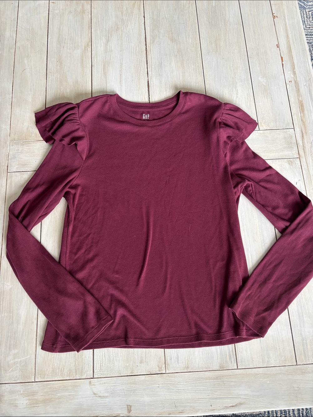 Gap Plum Wine Burgundy Ribbed Ruffle Long Sleeve Tee Shirt XL